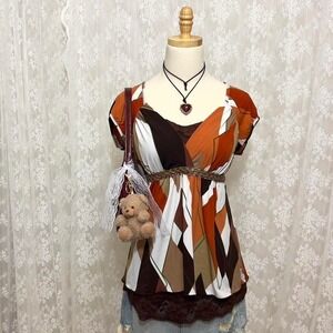 Vintage Y2K Candies‎ Babydoll Geometric Top Boho Womens L Festival Brown/Orange